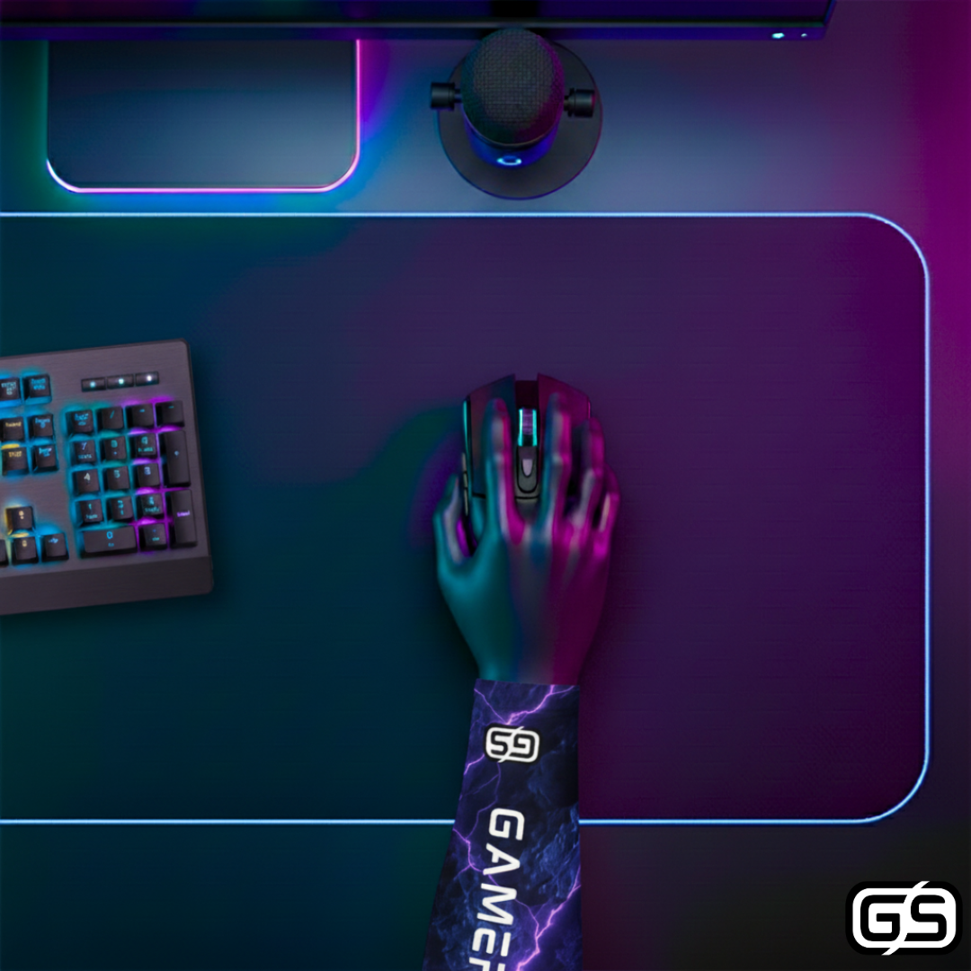 Close-up of a hand using a mouse while wearing a colorful compression gaming sleeve, shown in an RGB-lit gaming and streaming setup.