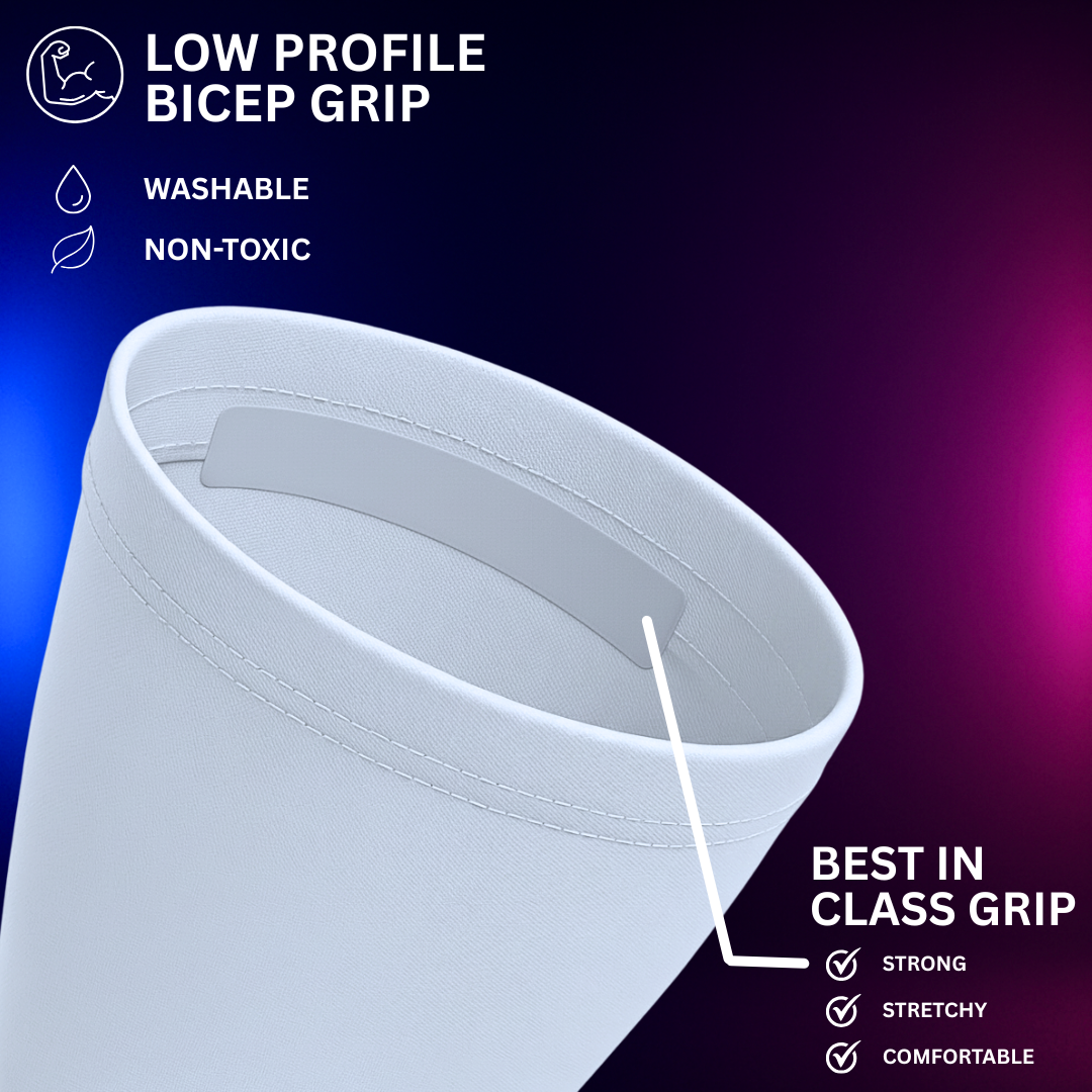 Product image showing the low-profile bicep grip inside a compression gaming sleeve, with labels noting washable, non-toxic material and best-in-class grip strength, stretch, and comfort for gaming, streaming, and esports.