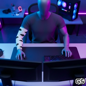 Streamer wearing Gamer Sleeve during a live PC gaming session — pro streaming gear and creator setup accessory