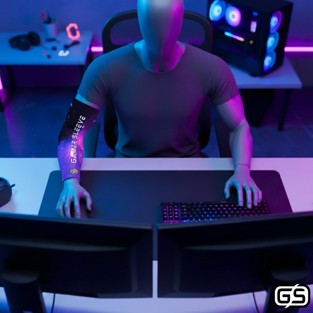 Streamer wearing Gamer Sleeve during a live PC gaming session — pro streaming gear and creator setup accessory