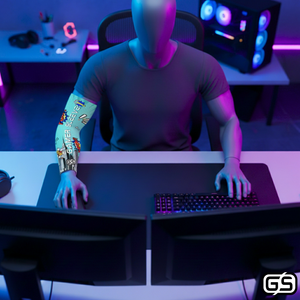 Streamer wearing Gamer Sleeve during a live PC gaming session — pro streaming gear and creator setup accessory