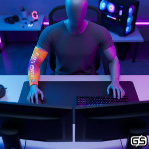 Streamer wearing Gamer Sleeve during a live PC gaming session — pro streaming gear and creator setup accessory