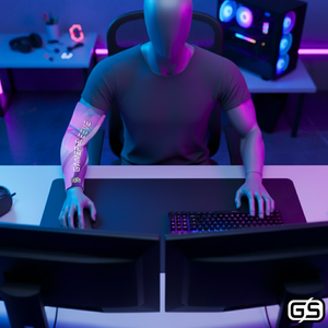 Streamer wearing Gamer Sleeve during a live PC gaming session — pro streaming gear and creator setup accessory