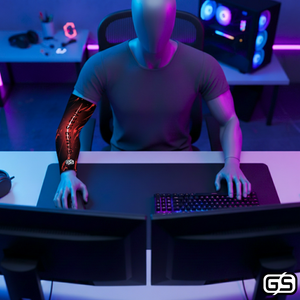 Streamer wearing Gamer Sleeve during a live PC gaming session — pro streaming gear and creator setup accessory