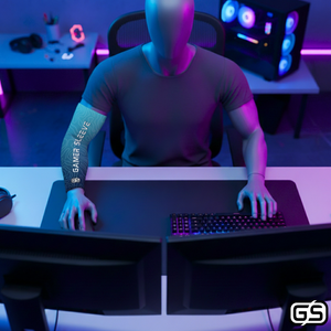 Streamer wearing Gamer Sleeve during a live PC gaming session — pro streaming gear and creator setup accessory