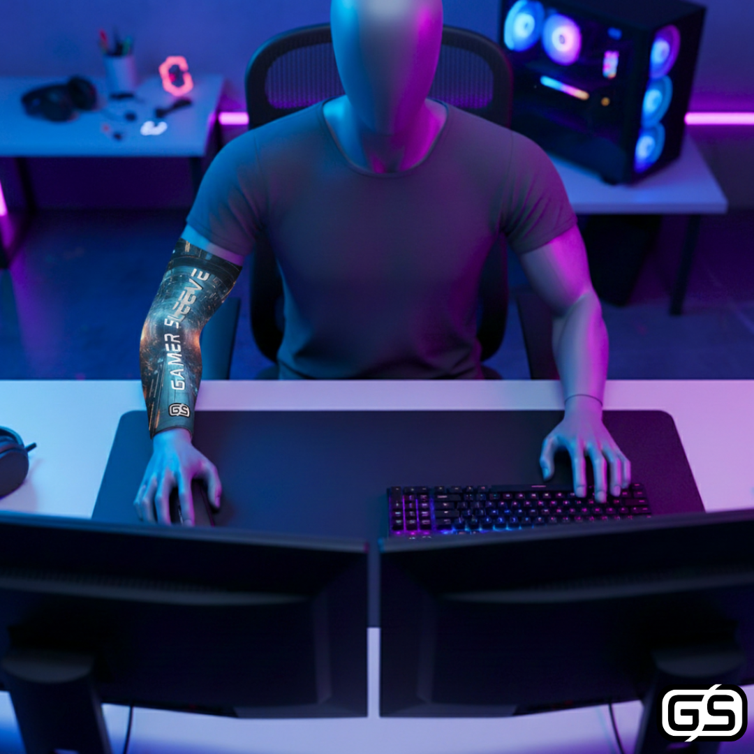 Streamer wearing Gamer Sleeve during a live PC gaming session — pro streaming gear and creator setup accessory