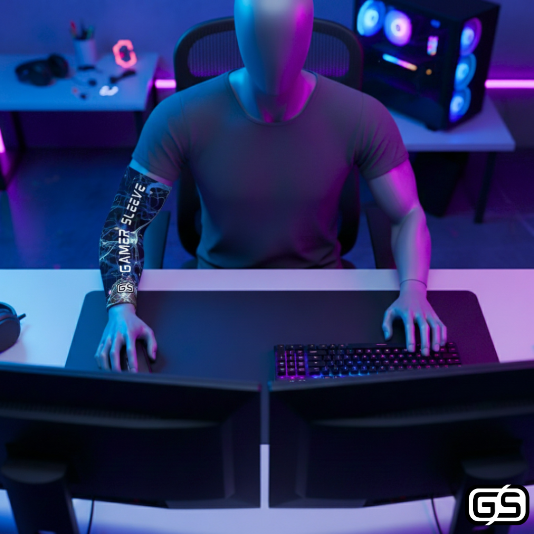 Streamer wearing Gamer Sleeve during a live PC gaming session — pro streaming gear and creator setup accessory
