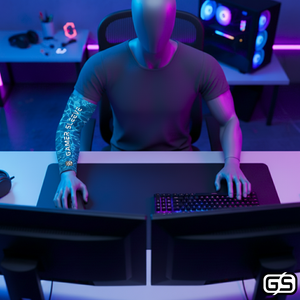 Streamer wearing Gamer Sleeve during a live PC gaming session — pro streaming gear and creator setup accessory