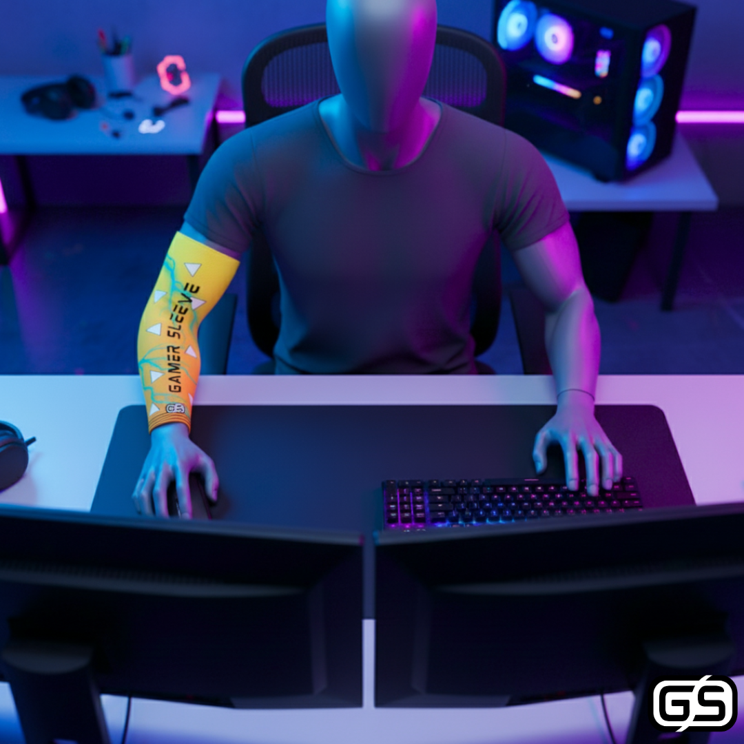 Streamer wearing Gamer Sleeve during a live PC gaming session — pro streaming gear and creator setup accessory