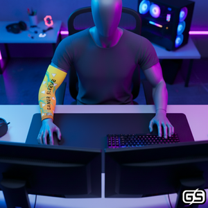 Streamer wearing Gamer Sleeve during a live PC gaming session — pro streaming gear and creator setup accessory