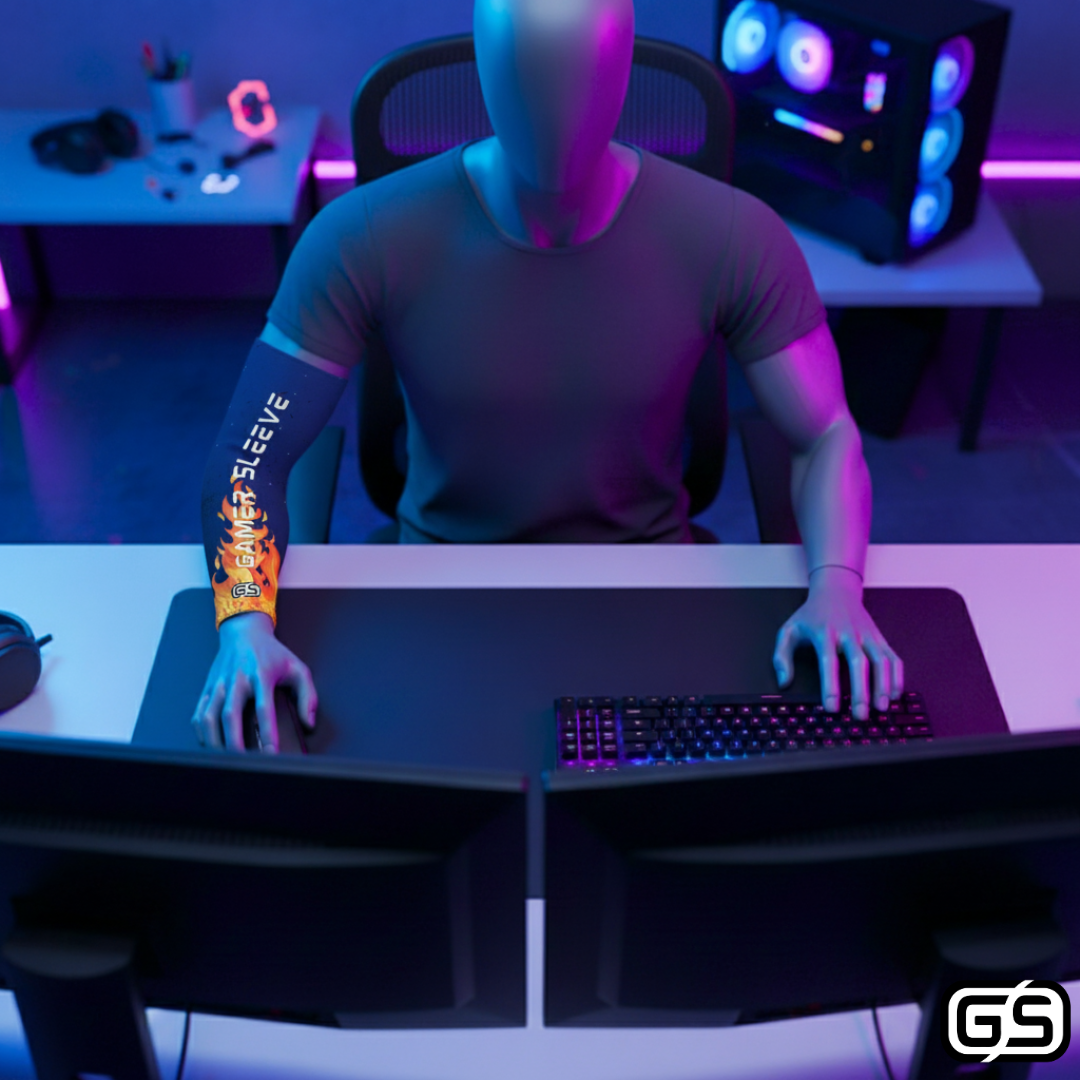 Streamer wearing Gamer Sleeve during a live PC gaming session — pro streaming gear and creator setup accessory