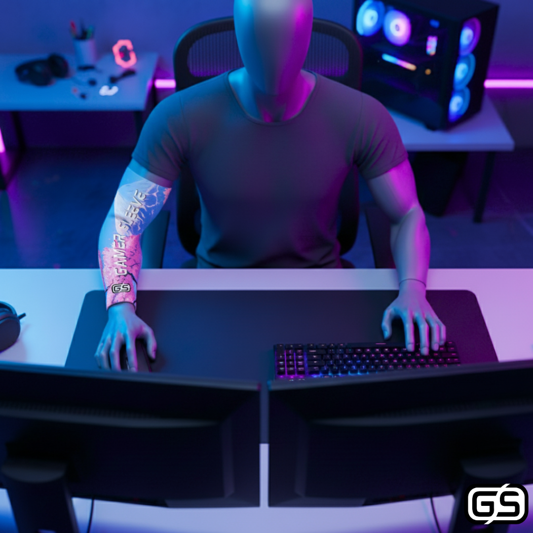 Streamer wearing Gamer Sleeve during a live PC gaming session — pro streaming gear and creator setup accessory