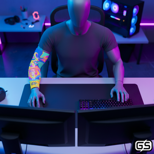 Streamer wearing Gamer Sleeve during a live PC gaming session — pro streaming gear and creator setup accessory