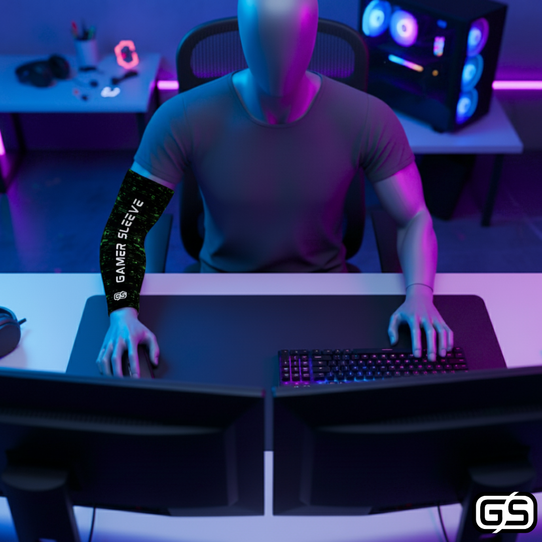 Streamer wearing Gamer Sleeve during a live PC gaming session — pro streaming gear and creator setup accessory