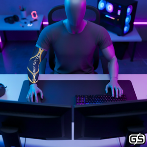 Streamer wearing Gamer Sleeve during a live PC gaming session — pro streaming gear and creator setup accessory
