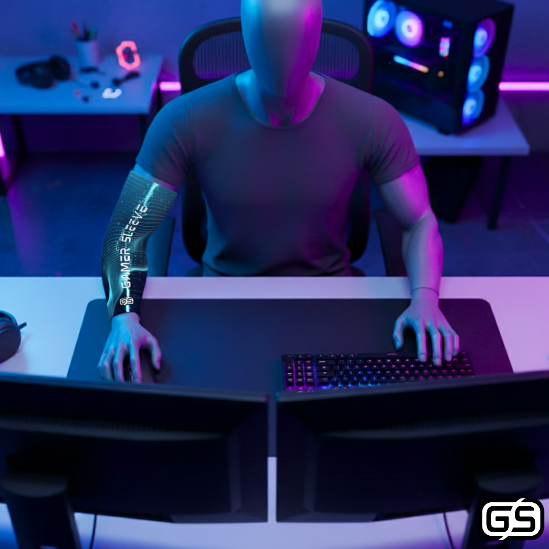 Streamer wearing Gamer Sleeve during a live PC gaming session — pro streaming gear and creator setup accessory