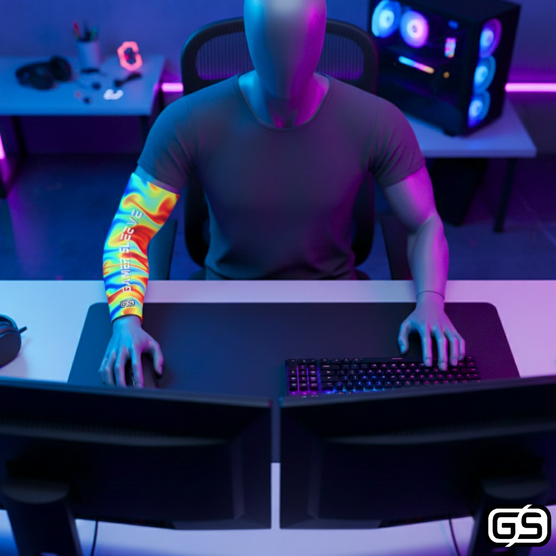 Streamer wearing Gamer Sleeve during a live PC gaming session — pro streaming gear and creator setup accessory