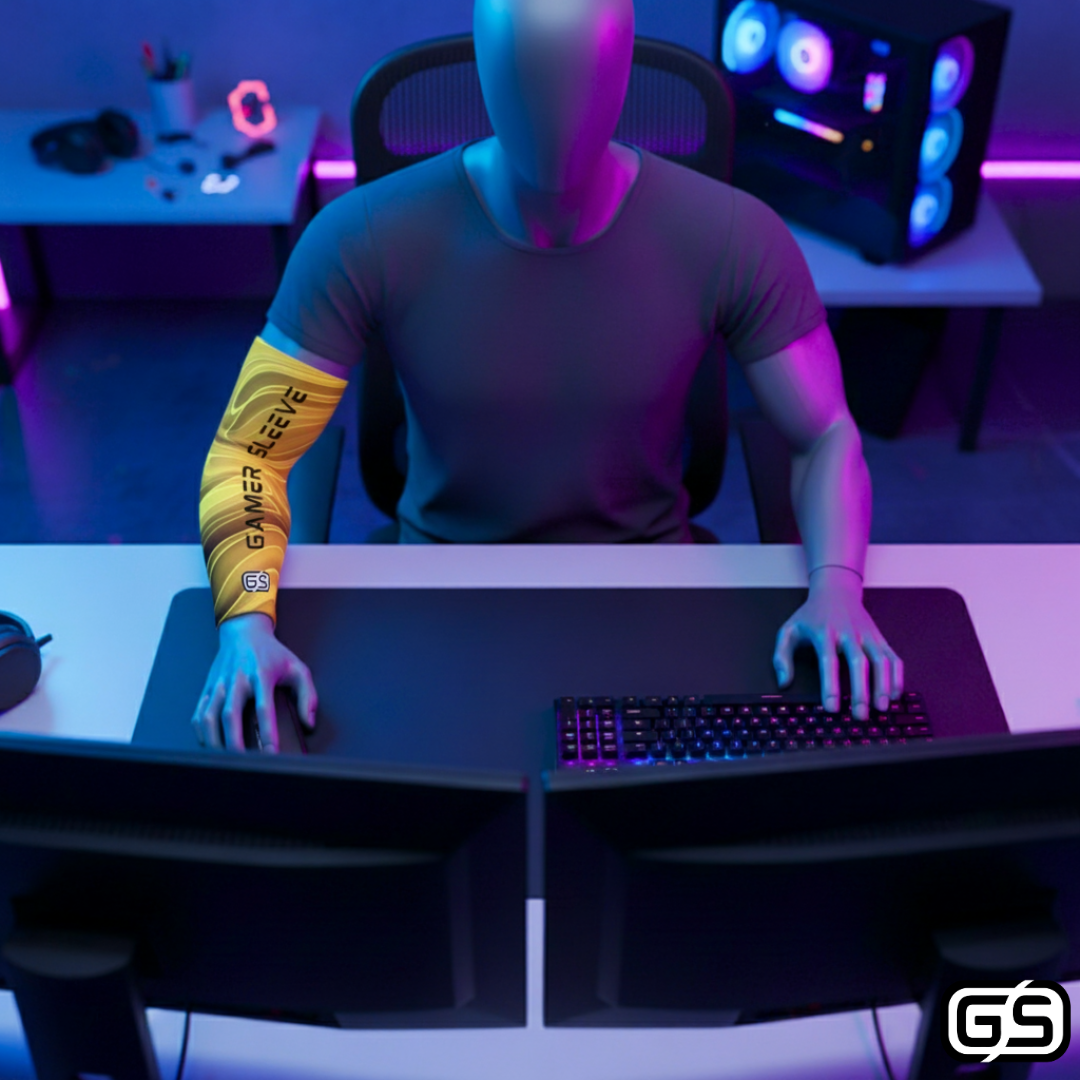 Streamer wearing Gamer Sleeve during a live PC gaming session — pro streaming gear and creator setup accessory