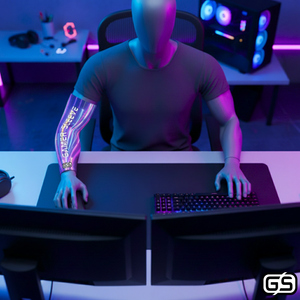 Streamer wearing Gamer Sleeve during a live PC gaming session — pro streaming gear and creator setup accessory