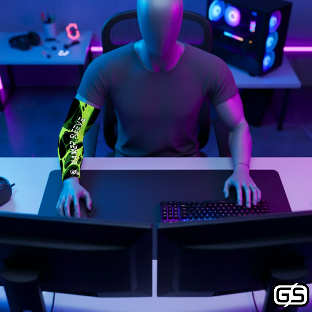 Streamer wearing Gamer Sleeve during a live PC gaming session — pro streaming gear and creator setup accessory