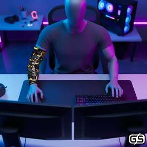 Streamer wearing Gamer Sleeve during a live PC gaming session — pro streaming gear and creator setup accessory