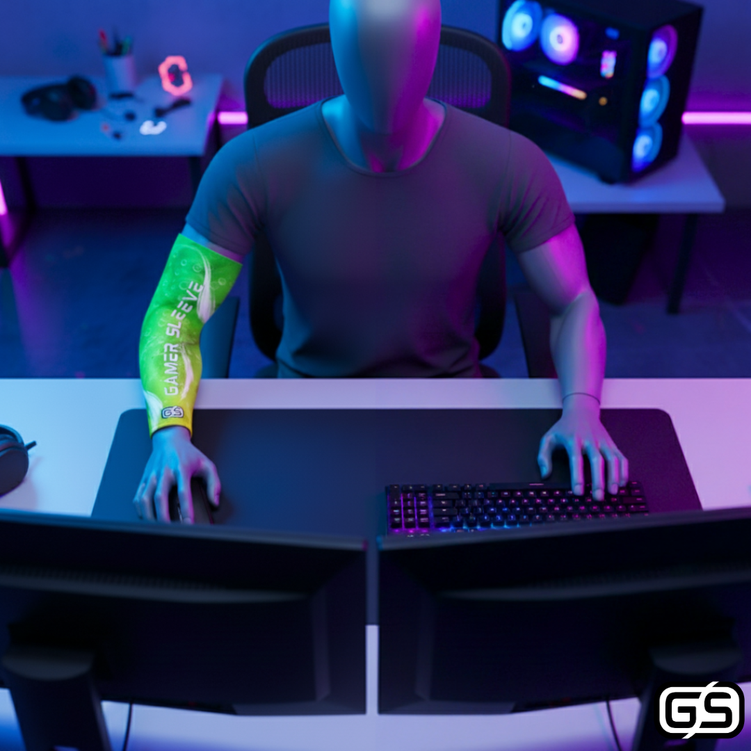 Streamer wearing Gamer Sleeve during a live PC gaming session — pro streaming gear and creator setup accessory