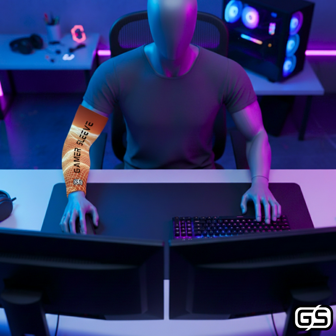 Streamer wearing Gamer Sleeve during a live PC gaming session — pro streaming gear and creator setup accessory