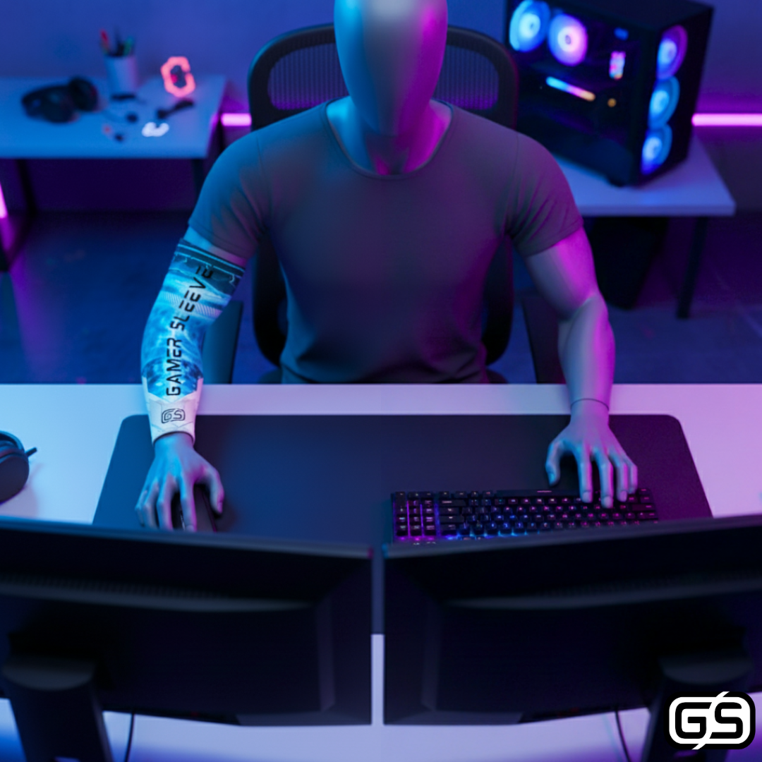Streamer wearing Gamer Sleeve during a live PC gaming session — pro streaming gear and creator setup accessory