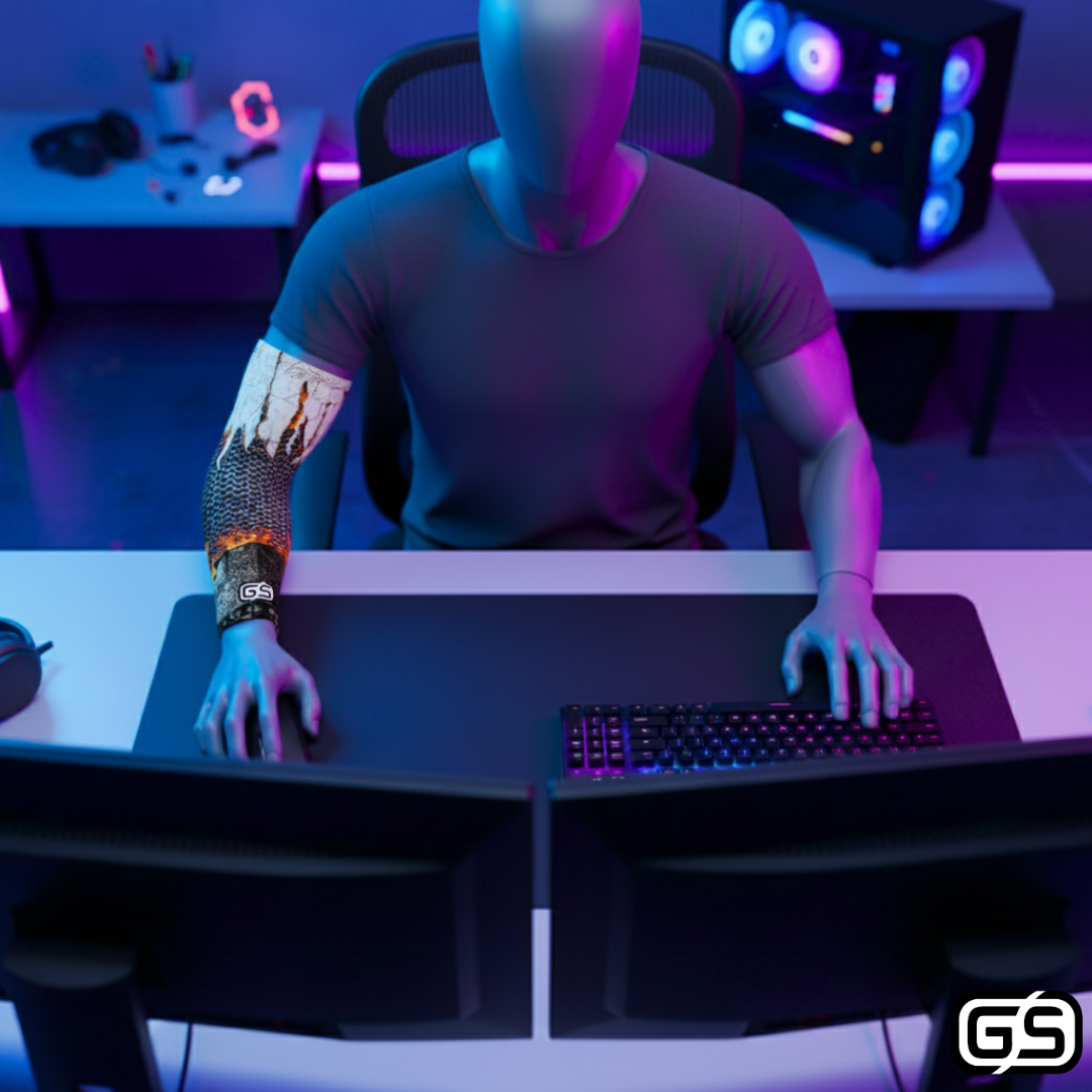 Streamer wearing Gamer Sleeve during a live PC gaming session — pro streaming gear and creator setup accessory