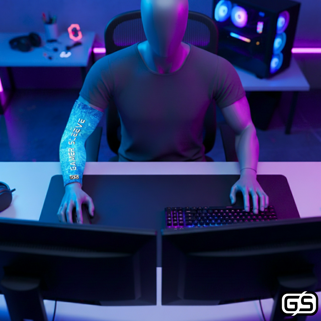 Streamer wearing Gamer Sleeve during a live PC gaming session — pro streaming gear and creator setup accessory