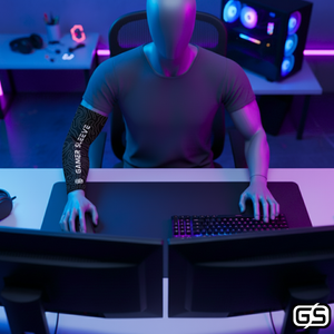Streamer wearing Gamer Sleeve during a live PC gaming session — pro streaming gear and creator setup accessory
