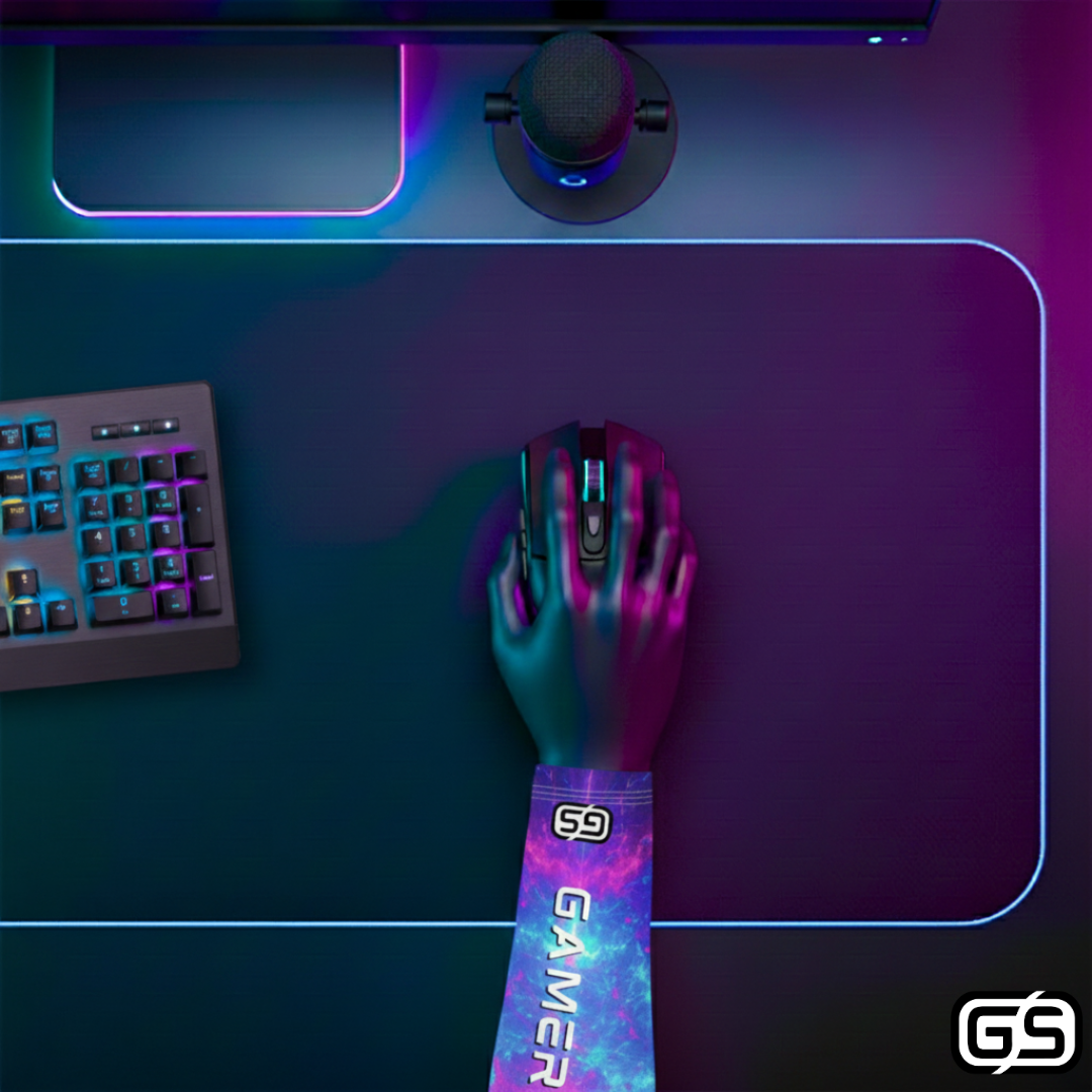 Close-up of a hand using a mouse while wearing a colorful compression gaming sleeve, shown in an RGB-lit gaming and streaming setup.