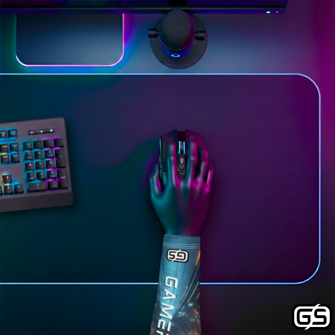 Close-up of a hand using a mouse while wearing a colorful compression gaming sleeve, shown in an RGB-lit gaming and streaming setup.