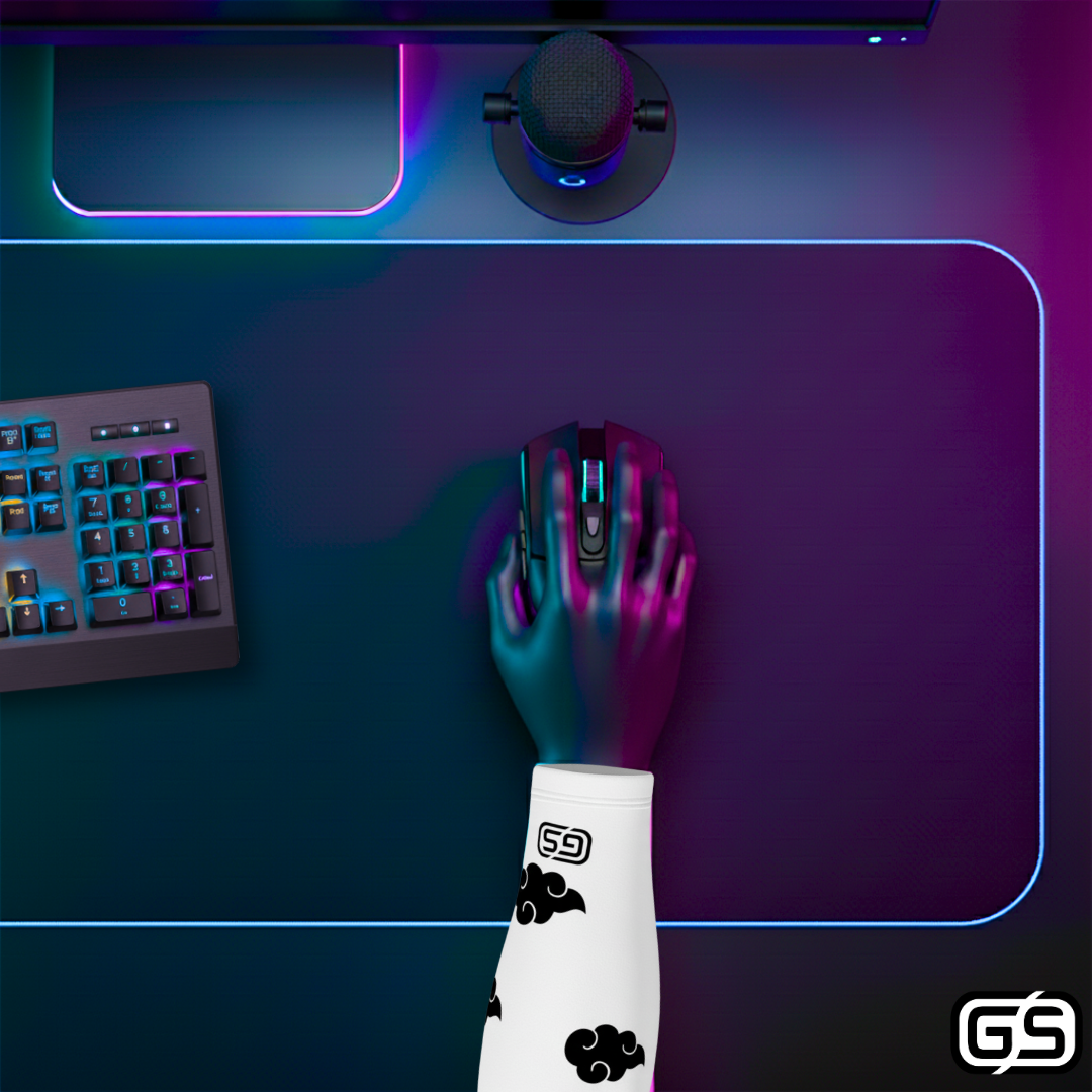Close-up of a hand using a mouse while wearing a colorful compression gaming sleeve, shown in an RGB-lit gaming and streaming setup.