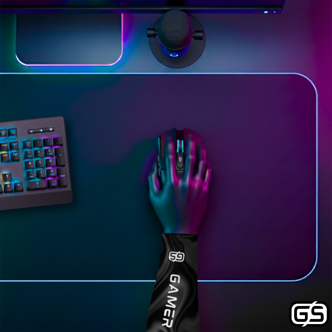 Close-up of a hand using a mouse while wearing a colorful compression gaming sleeve, shown in an RGB-lit gaming and streaming setup.