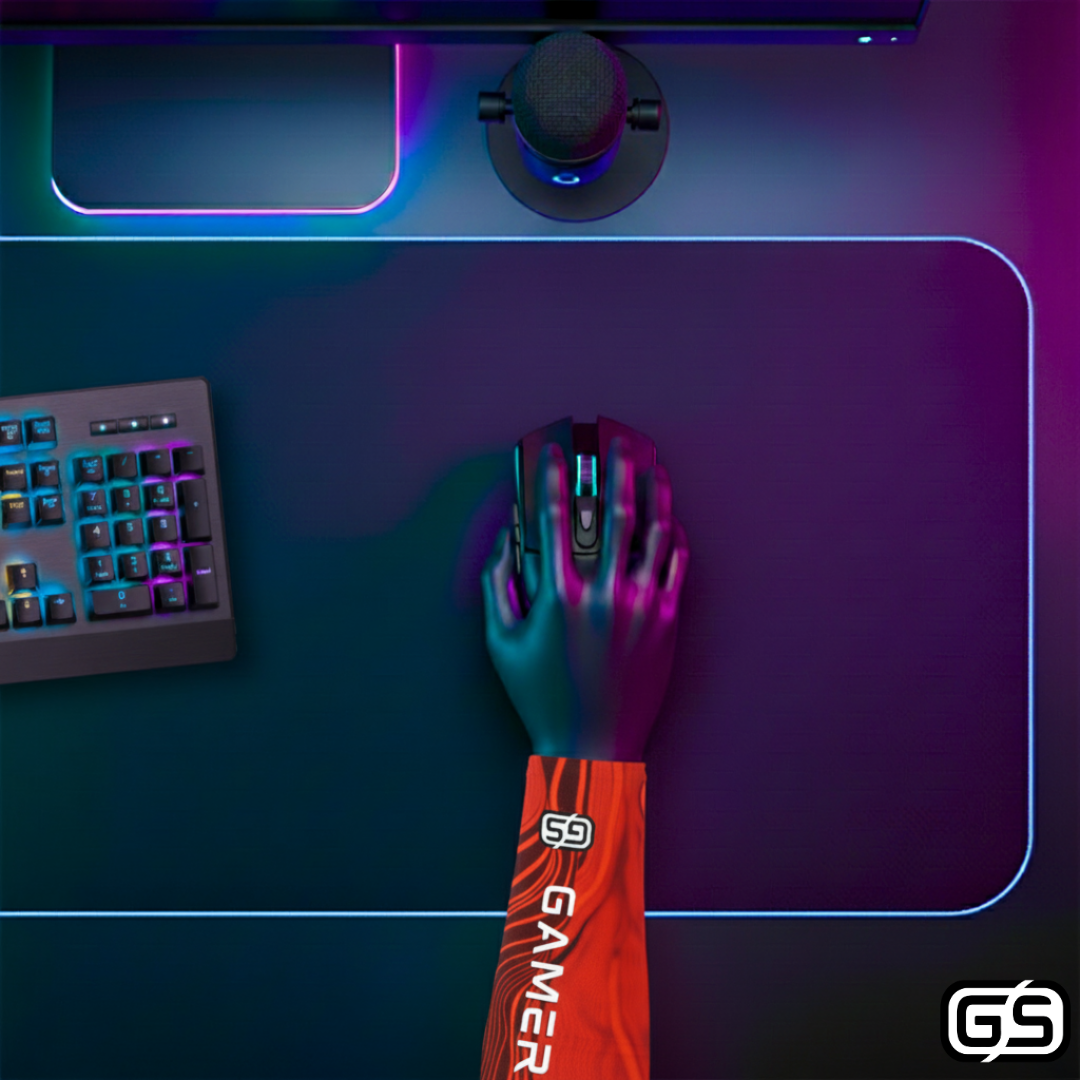 Close-up of a hand using a mouse while wearing a colorful compression gaming sleeve, shown in an RGB-lit gaming and streaming setup.