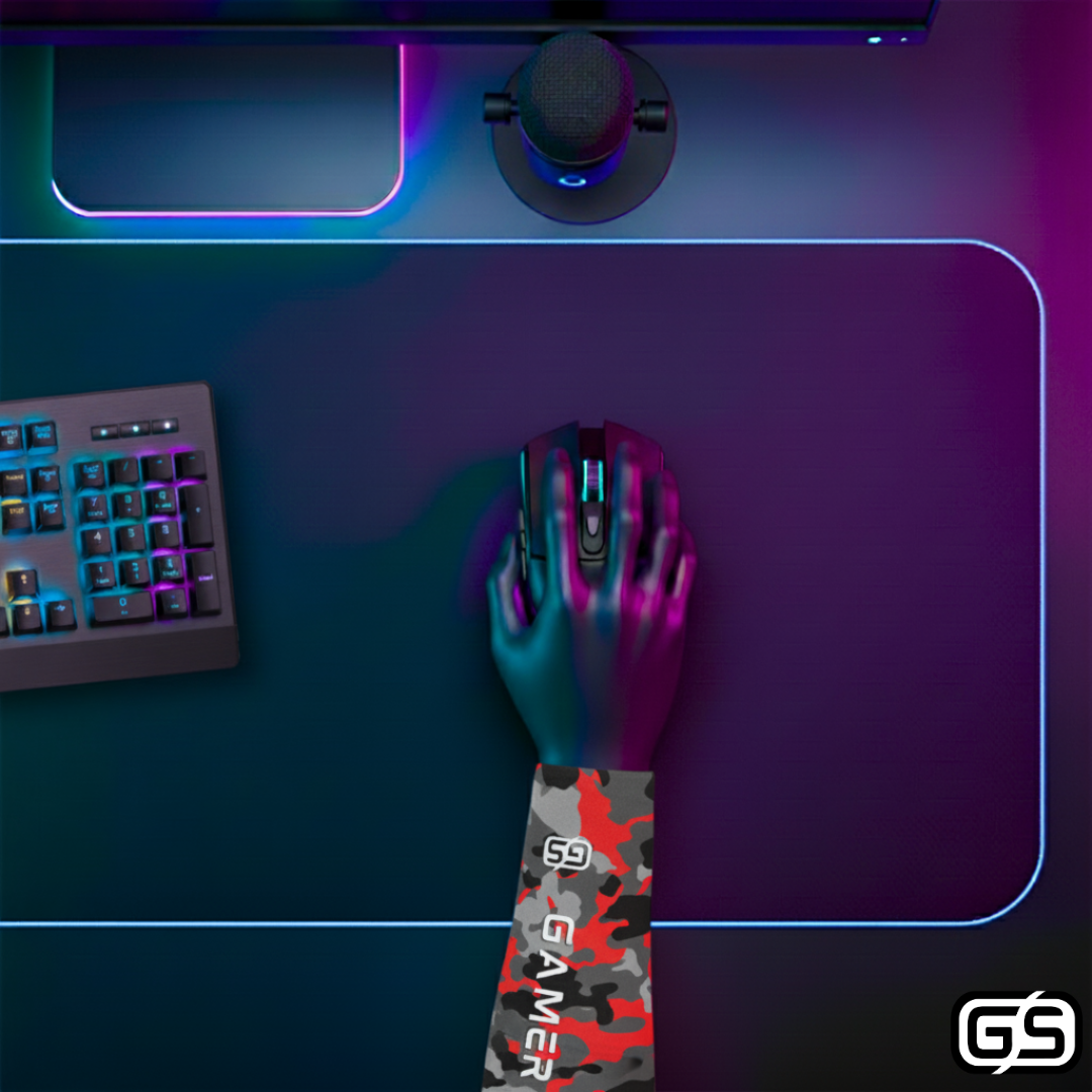Close-up of a hand using a mouse while wearing a colorful compression gaming sleeve, shown in an RGB-lit gaming and streaming setup.