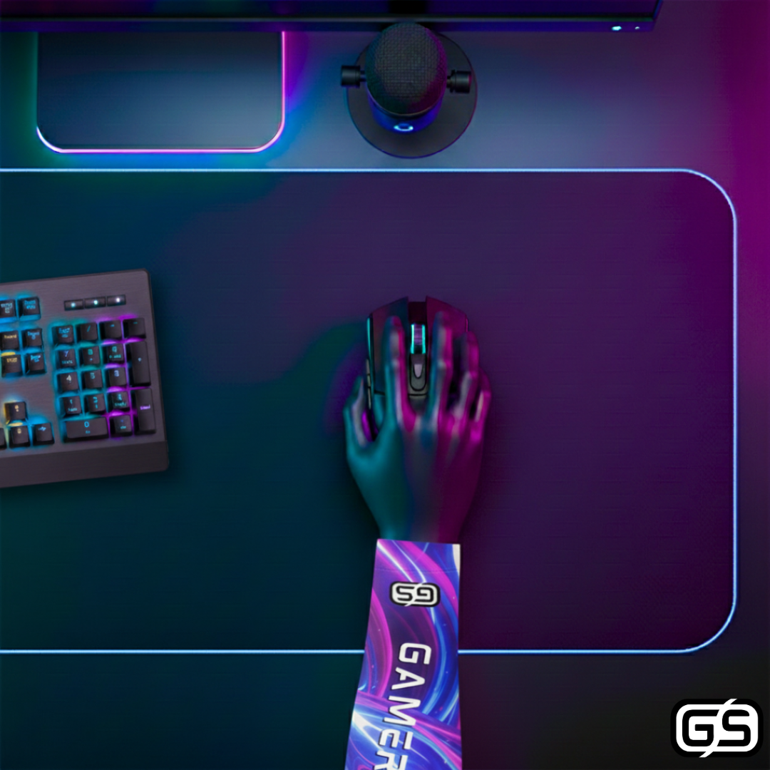 Close-up of a hand using a mouse while wearing a colorful compression gaming sleeve, shown in an RGB-lit gaming and streaming setup.