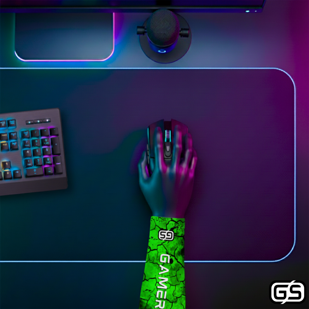 Close-up of a hand using a mouse while wearing a colorful compression gaming sleeve, shown in an RGB-lit gaming and streaming setup.