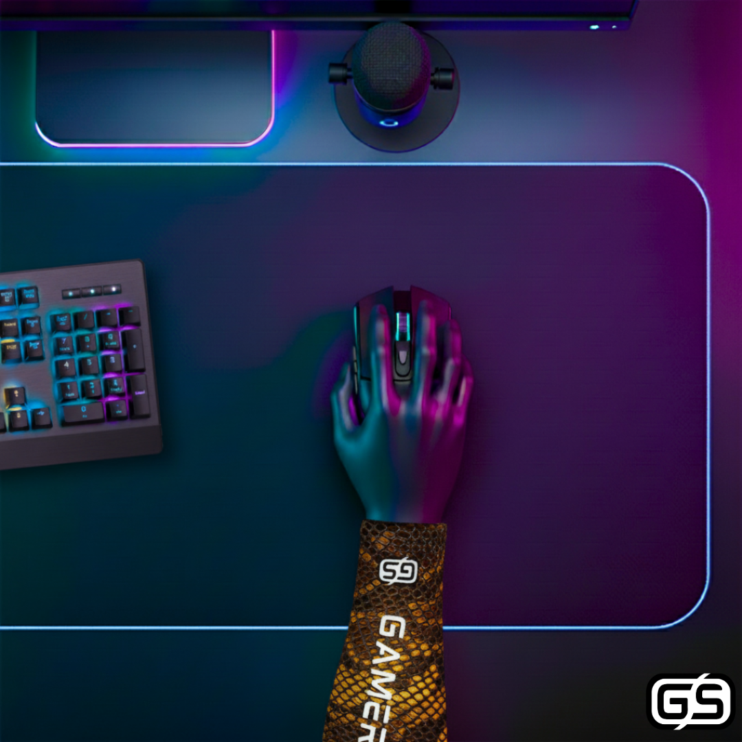 Close-up of a hand using a mouse while wearing a colorful compression gaming sleeve, shown in an RGB-lit gaming and streaming setup.