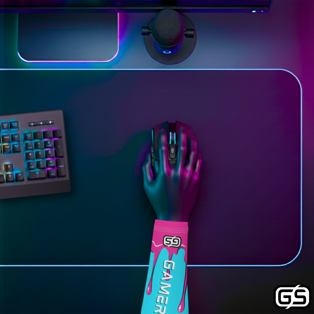 Close-up of a hand using a mouse while wearing a colorful compression gaming sleeve, shown in an RGB-lit gaming and streaming setup.