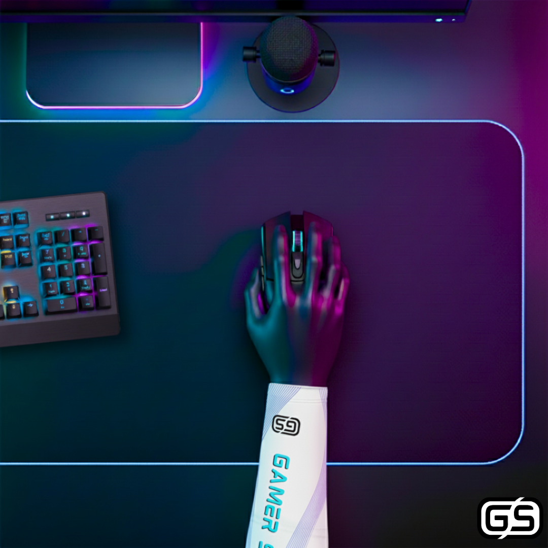 Close-up of a hand using a mouse while wearing a colorful compression gaming sleeve, shown in an RGB-lit gaming and streaming setup.