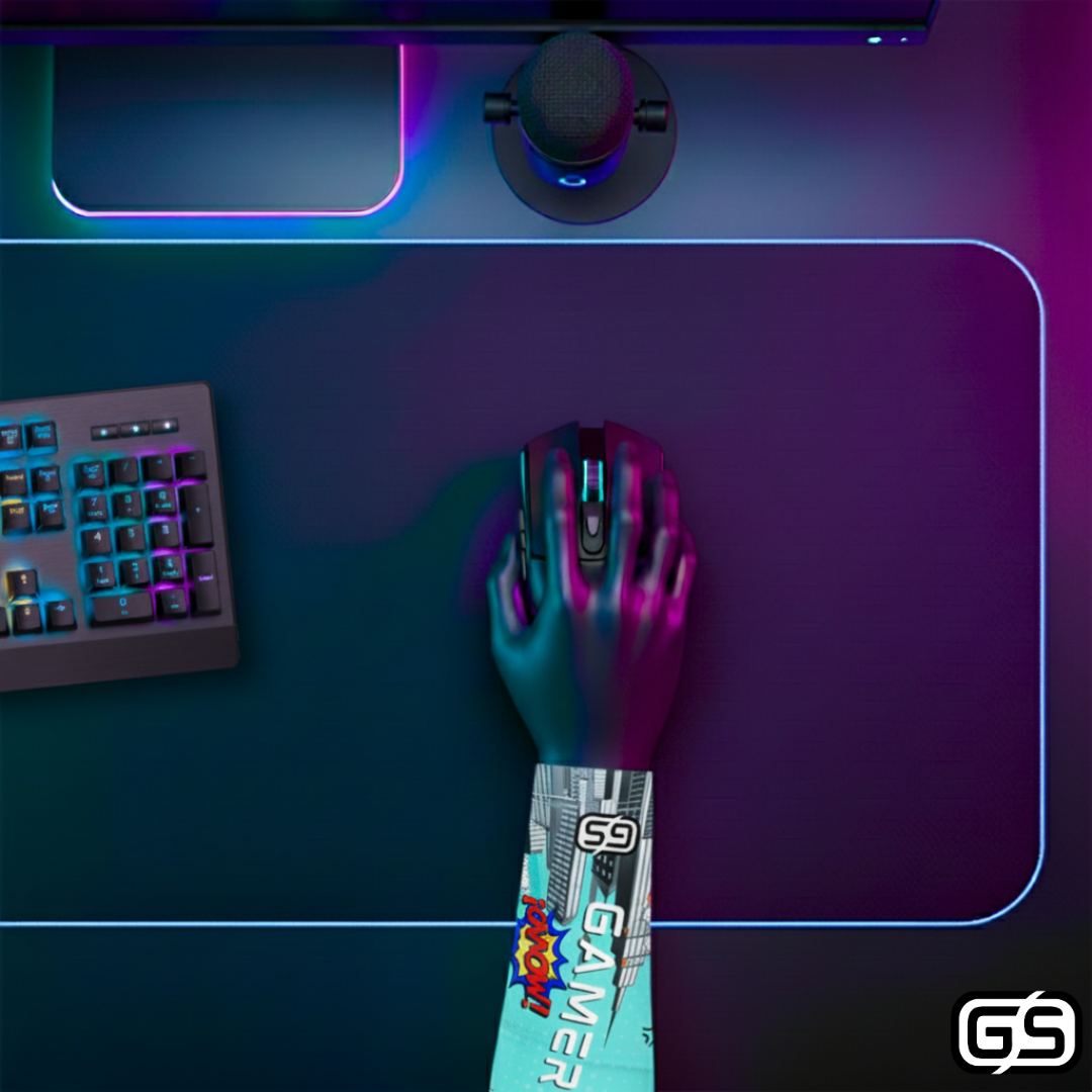 Close-up of a hand using a mouse while wearing a colorful compression gaming sleeve, shown in an RGB-lit gaming and streaming setup.