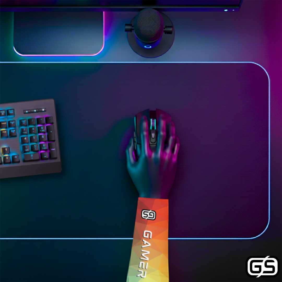 Close-up of a hand using a mouse while wearing a colorful compression gaming sleeve, shown in an RGB-lit gaming and streaming setup.