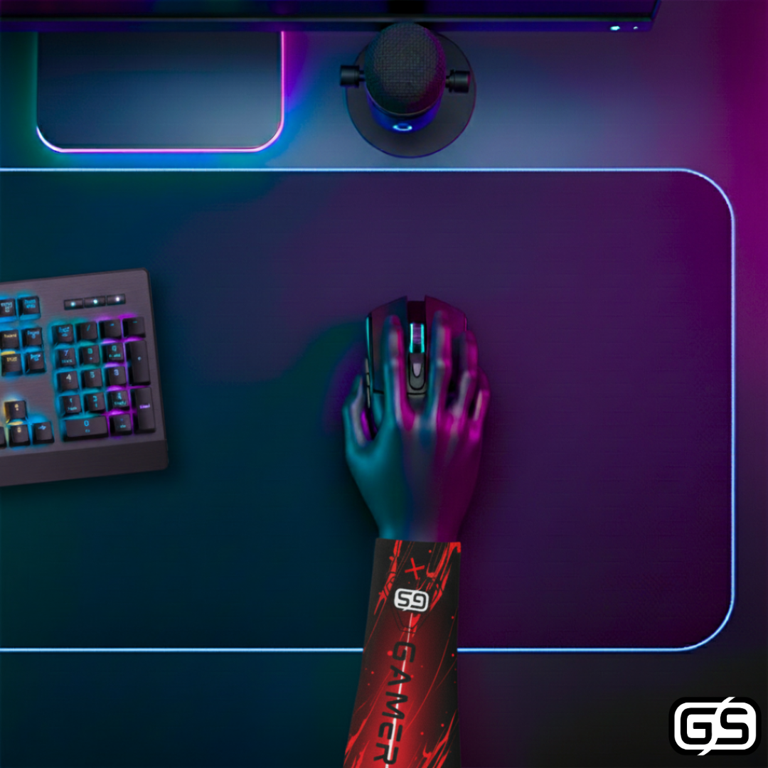 Close-up of a hand using a mouse while wearing a colorful compression gaming sleeve, shown in an RGB-lit gaming and streaming setup.