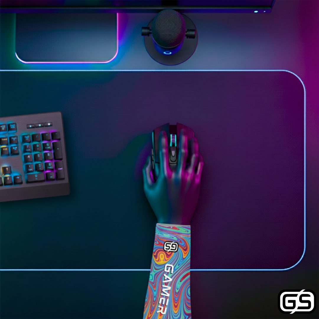 Close-up of a hand using a mouse while wearing a colorful compression gaming sleeve, shown in an RGB-lit gaming and streaming setup.