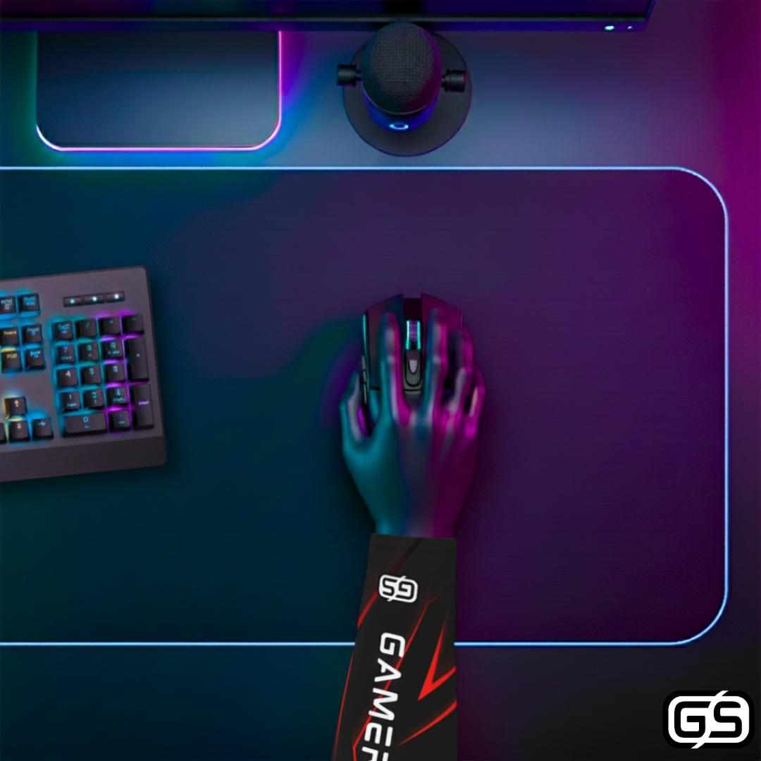 Close-up of a hand using a mouse while wearing a colorful compression gaming sleeve, shown in an RGB-lit gaming and streaming setup.