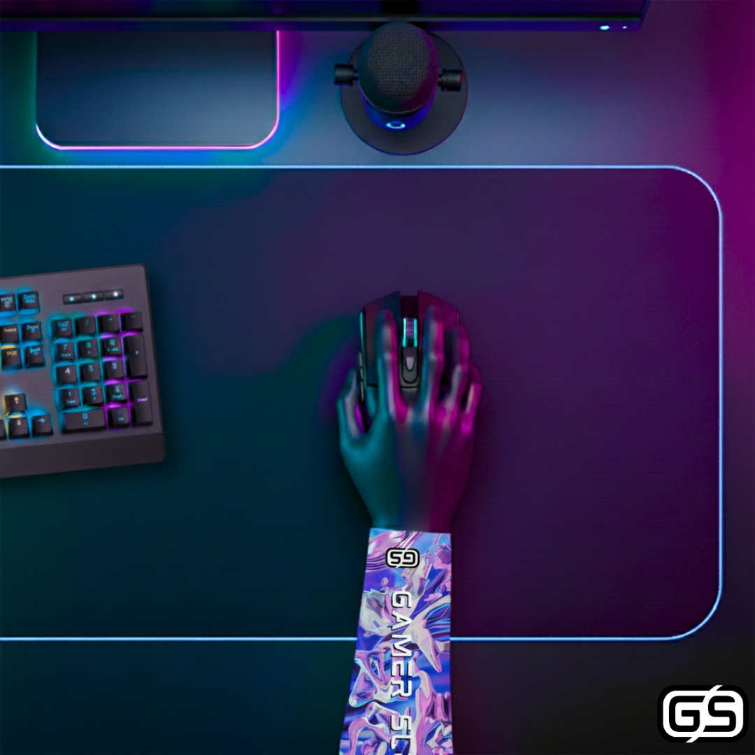 Close-up of a hand using a mouse while wearing a colorful compression gaming sleeve, shown in an RGB-lit gaming and streaming setup.
