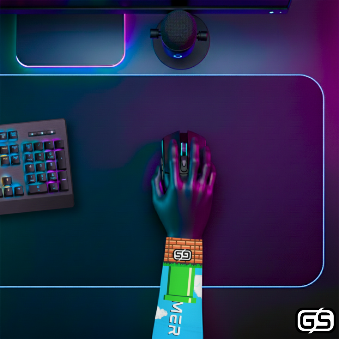 Close-up of a hand using a mouse while wearing a colorful compression gaming sleeve, shown in an RGB-lit gaming and streaming setup.