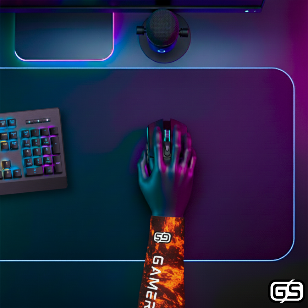 Close-up of a hand using a mouse while wearing a colorful compression gaming sleeve, shown in an RGB-lit gaming and streaming setup.